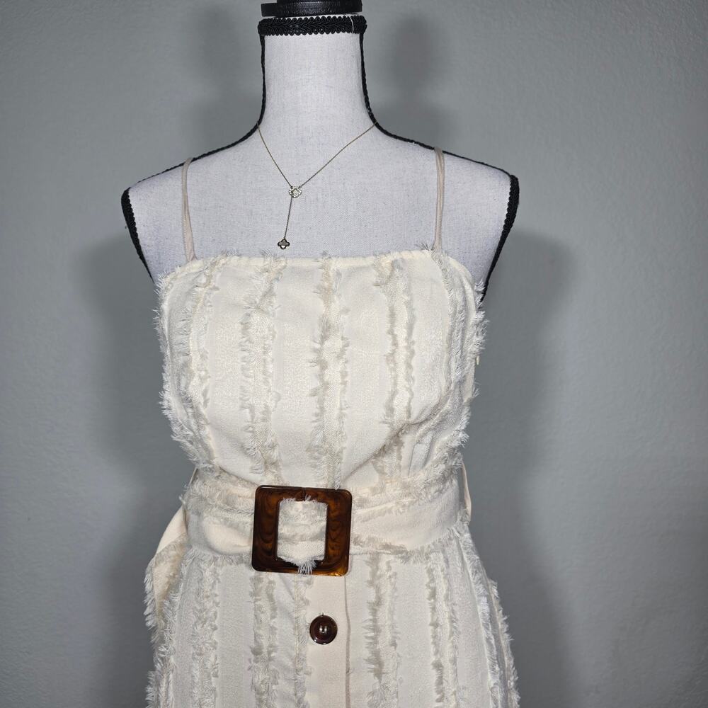 Moon River Cream Fringe Midi Dress XS Belted Button Front Coquette Bridal Resort - Picture 4 of 12